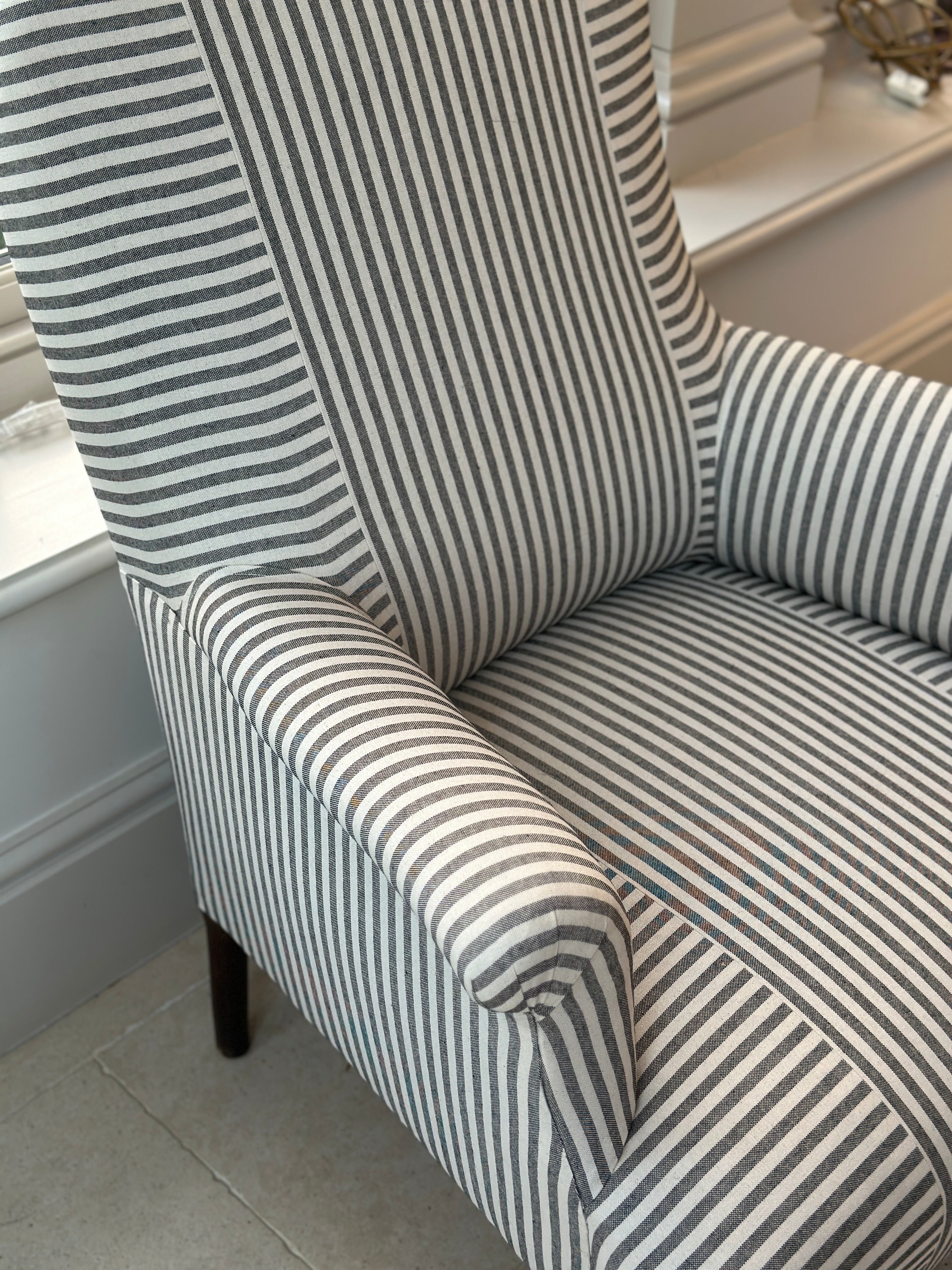 A Large Nap 3 Square Back Chair in Charcoal and White Ticking