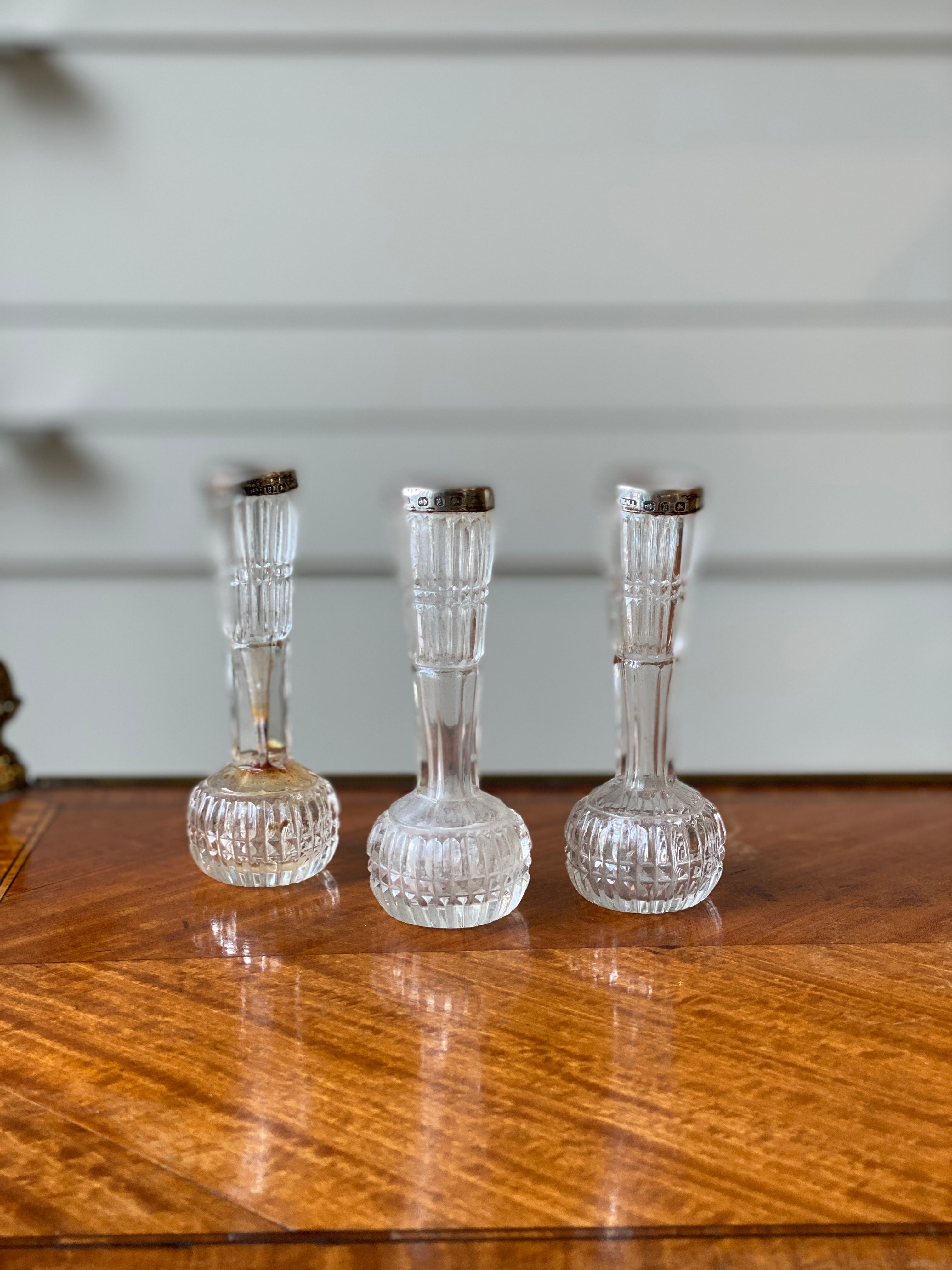 3 Pretty Silver and Cut Glass Bud Vases