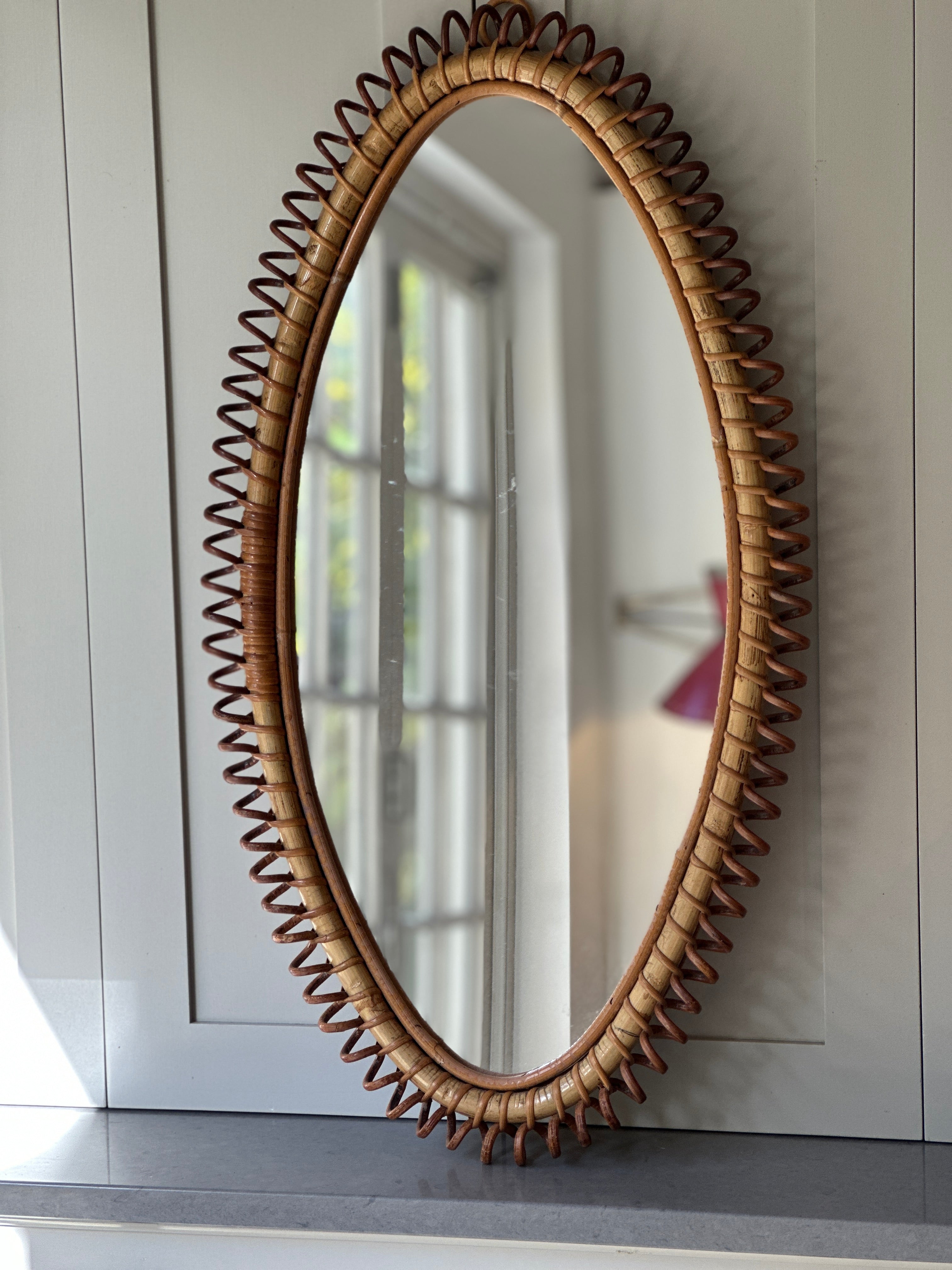 Large Italian 1950s Oval Rattan Mirror