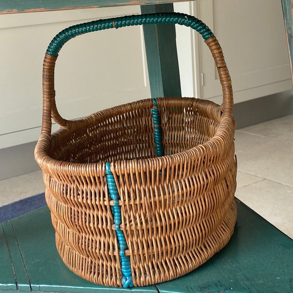French Split Cane Basket with Green Handle